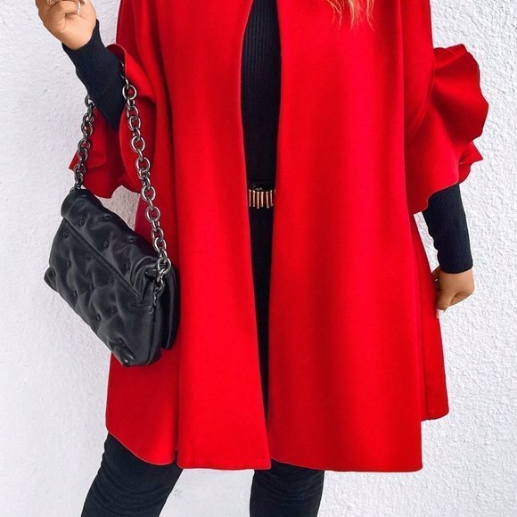 Plus Ruffle Trim Batwing Sleeve Overcoat Red - Picture 5 of 6